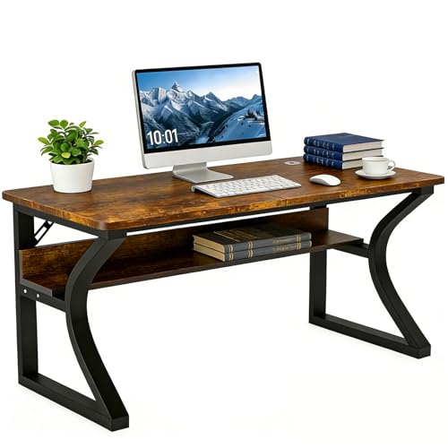Image of 47 inch Computer Desk, Home Office Desk with Storage Shelf, Sturdy U-Shaped Metal Frame Study Table with Cable Management, Gaming Desk for Office & Bedroom (Rustic Brown, 47inch)