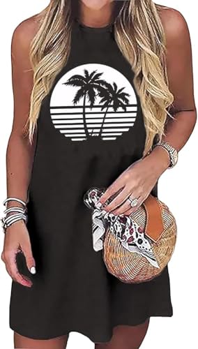 Image of Sun Salt Sand Coconut Tree Tank Mini Dress for Women Sleeveless Beach Praty Shirts Summer Vacation Short Mini Dresses