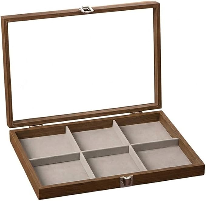 Walnut Wood Jewelry Display Box, 6 Grid Velvet Lined Organizer