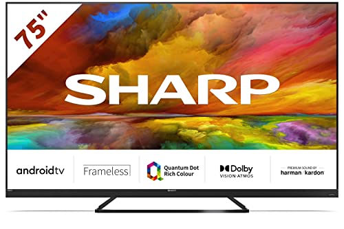 Sharp Quantum Dot 75EQ3EA - 75' TV Android 4k Ultra HD (4X HDMI 2.1, 2X USB, Bluetooth), Dolby Vision, Dolby Atmos, Assistente Google, Chromecast, Altoparlanti Premium Harman/Kardon 2 x 15 W, Nero