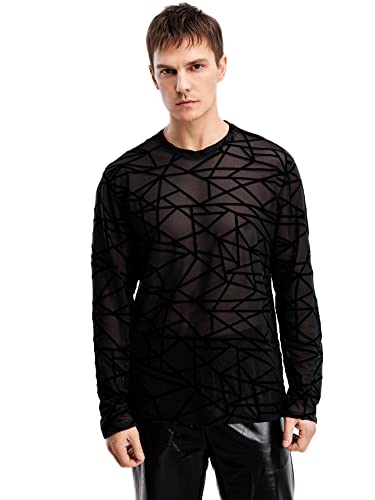 WDIRARA Men's Striped Mesh Sheer See Through Long Sleeve Round Neck Party Top3