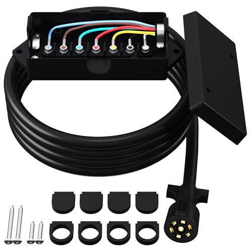 Heavy Duty 7 Way Plug Inline Trailer Cord 8 Ft Wiring Harness with 7 Gang Waterproof Junction Box, 7 Pin Connector Cable Extension for RV Truck Camper Boat Hitch Towing Car Light & Brake Control