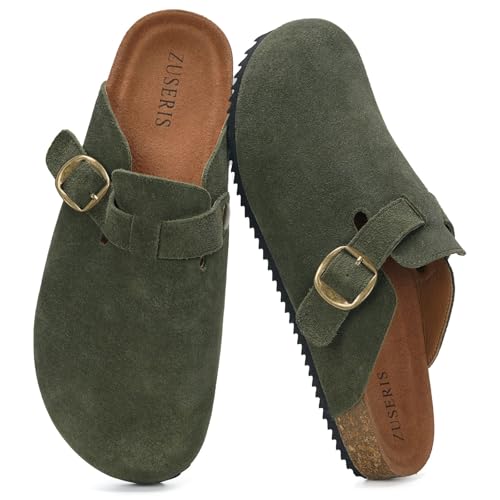 Image of ZUSERIS Suede Clogs for Women Men Wide Width Leather Mules | Soft Cork Footbed,Arch Support,Comfort Potato Shoes