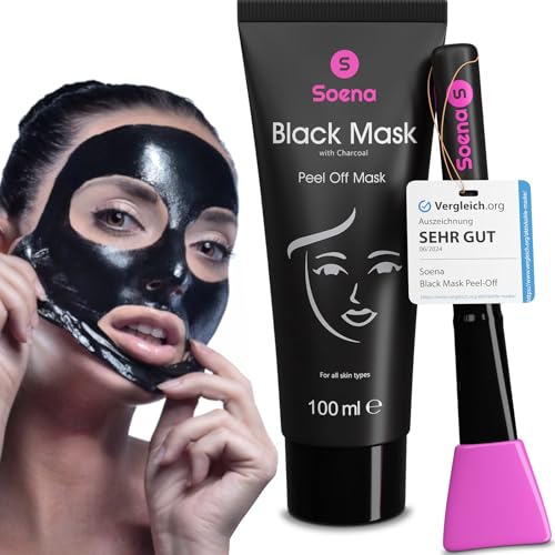 Das ORIGINAL - SOENA® Black Mask + MASKENPINSEL | XXL Tube 100 ml | Entfernt Mitesser – Peel-Off Maske - Gegen unreine Haut | Mit Aktivkohle | Schwarze Maske zum abziehen - Blackhead Maske