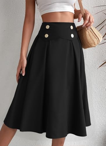 Herou Women's Casual Vintage Pleated A-Line Flared High Waist Elastic Button Front Black Midi Skater Skirt3