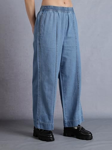 Image of INKD Women's Wide Leg Jeans- 100% Cotton | Mid-Rise | Elasticated Waistband | Pintuck Details | Comfort Fit | Palazzo Pants for Women | Lightweight Denim for Summers (Available in Plus Sizes)