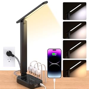 Power Strip with LED Desk Lamp, 3 Outlets 4 USB Ports(2 USBC) 4 Modes 5 Level Touch Lamp Small Desk Lamp for Home Office Bedroom Bedside, Study Reading Light, 5ft Extension Cord, Dorm Room Essentials