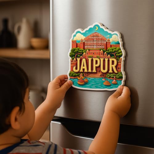 Image of Naxon Jaipur Pink City Theme Souvenir Wooden Fridge Magnet | Hawa Mahal, Amber Fort Rajasthan Design 3x3 Inch Refrigerator Magnet for Kitchen & Home Decor | Travel Gift from Jaipur | Pack of 1
