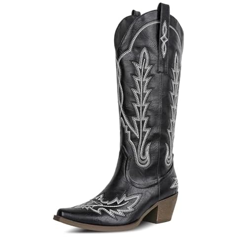 mikarka Cowboy Boots for Women Black Cowgirl Boots Western Knee High Black Boots for Women Pull On Tall Long Cowboy Boots Size 7.5 Cover