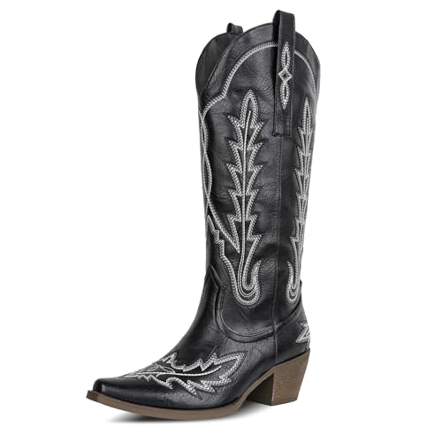 Image of mikarka Cowboy Boots for Women Black Cowgirl Boots Western Knee High Black Boots for Women Pull On Tall Long Cowboy Boots Size 7