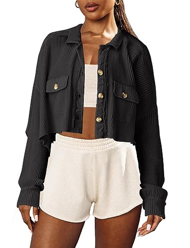 Image of Panadila Women's Cropped Waffle Knit Shacket Short Button Down Jacket Batwing Sleeve Shirts with Pocket