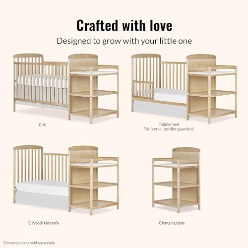 Image of Dream On Me Anna 3-in-1 Convertible Full-Size Baby Crib & Changer with Storage in Natural, GreenGuard Gold & BSA, Pinewood, Converts to Day & Toddler Bed, 3 Mattress Heights, 1″ Changing Pad
