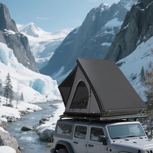 Aluminium Roof Top Tent,with Tri-Color LED Strip Light & 1.97" Thick Memory Foam Mattress,for Car Jeep SUV Truck Camping,2-3 People (420D Waterproof, Black+Grey)