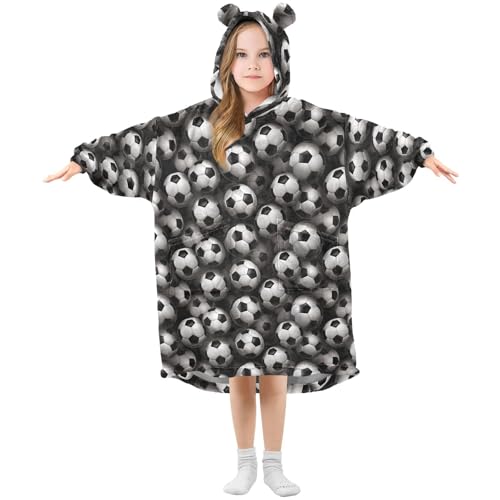 Classic Soccer Football Ball Wearable Blanket Hoodie Kids Flannel Oversized Blanket Sweatshirt with Hood Pocket Cozy Soft Warm Hooded Blanket for Boys Girls 3-14 Year, M