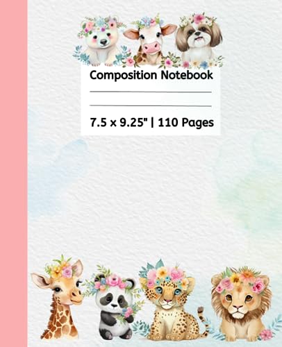 Wide Ruled Boho Animal Notebook - Watercolor Journal, 7.5 x 9.25x' 110 Pages, Cute Boho Animal Comp Book for Teens - Bohemian Style Journal, Boho ... - Watercolor Composition Book for Girls