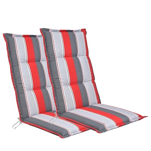 LILENO HOME Coussin pour chaise de jardin [2 pièces – à dossier haut], à rayures grises et rouges, chaise longue confortable comme coussin d'assise, pour...