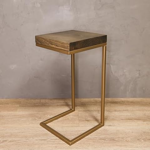 Urbandi C Shape Rustic Side Table for Living Room Couch Tray, Nightstand for Bedroom, End Table, Made in USA from Solid Pine Wood and Strong Metal Base, Comes Fully Assembled (Gold/Aged Barrel) Cover
