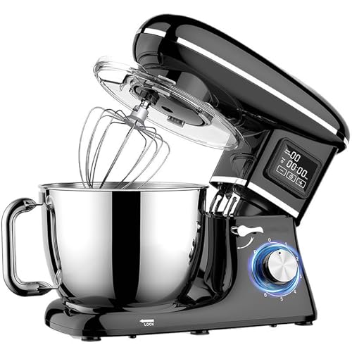 Batidora vertical para masa, batidora industrial, gran capacidad de 5,5 L, 1500 W con batidor, gancho para masa, varillas, 6 velocidades, cabezal inclinable, pantalla LED digital, acero inox