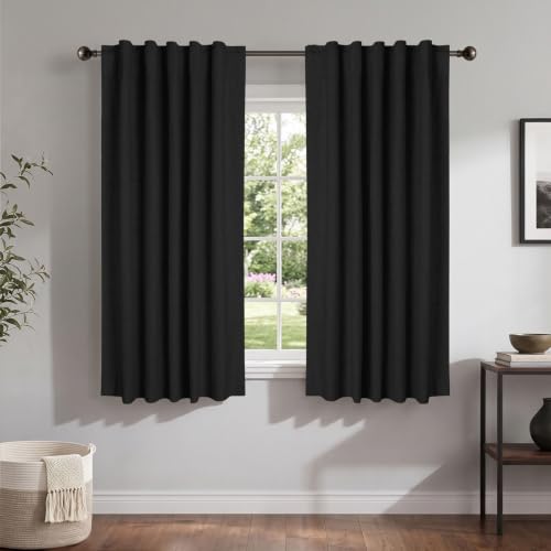 Image of Linen Textured Total Blackout Curtains for Bedroom 54 Inches Long, Black | 100% Blackout Shield, Back Tab /Rod Pocket Living Room Drapes, Thermal Insulated Blackout Curtains 2 Panels Set, 42 inchW x 54 inchL