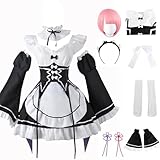 IMDAET Rem Ram Re Zero Cosplay Costume Maid Dress Outfit, Women Anime Cosplay Lolita Fancy Dress with Wig and Headwear Sets (Ram With Wig, 2XL)