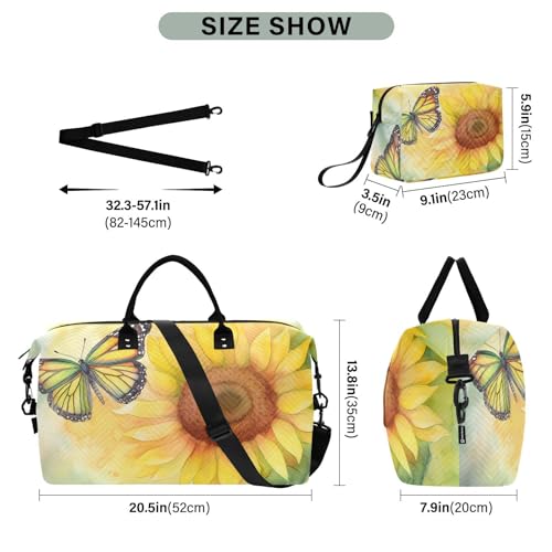 Large Travel Duffel Bag, Sunflower Watercolor Butterfly Sport Tote Gym Bag, Shoulder Weekender Overnight Bag for Women Men, Carry On Luggage with Toiletry Bag3