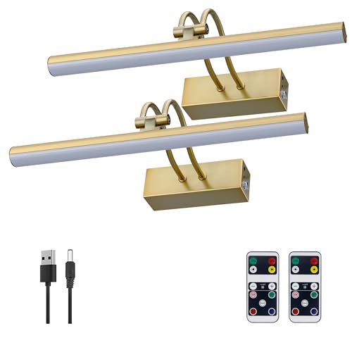 Image of Picture Light,5000mAh Battery Operated Wall Sconce,2Pack Art Light,Brass | 16inch Photo Lights for Wall,Remote Timer and Dimmer Gallery Light,Metal Painting Light for Portrait Display Frame