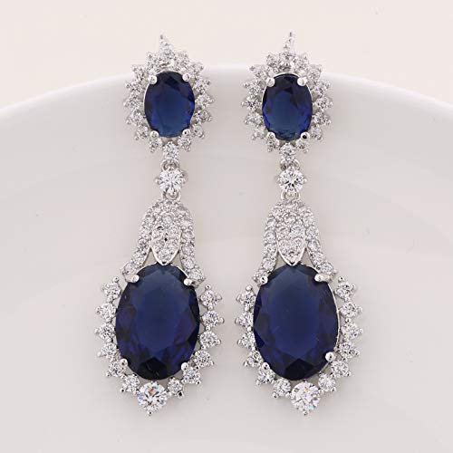 GULICX Vintage Design Long Luxury Oval CZ Stone Silver Tone Blue -Sapphire Color Drop Earrings3