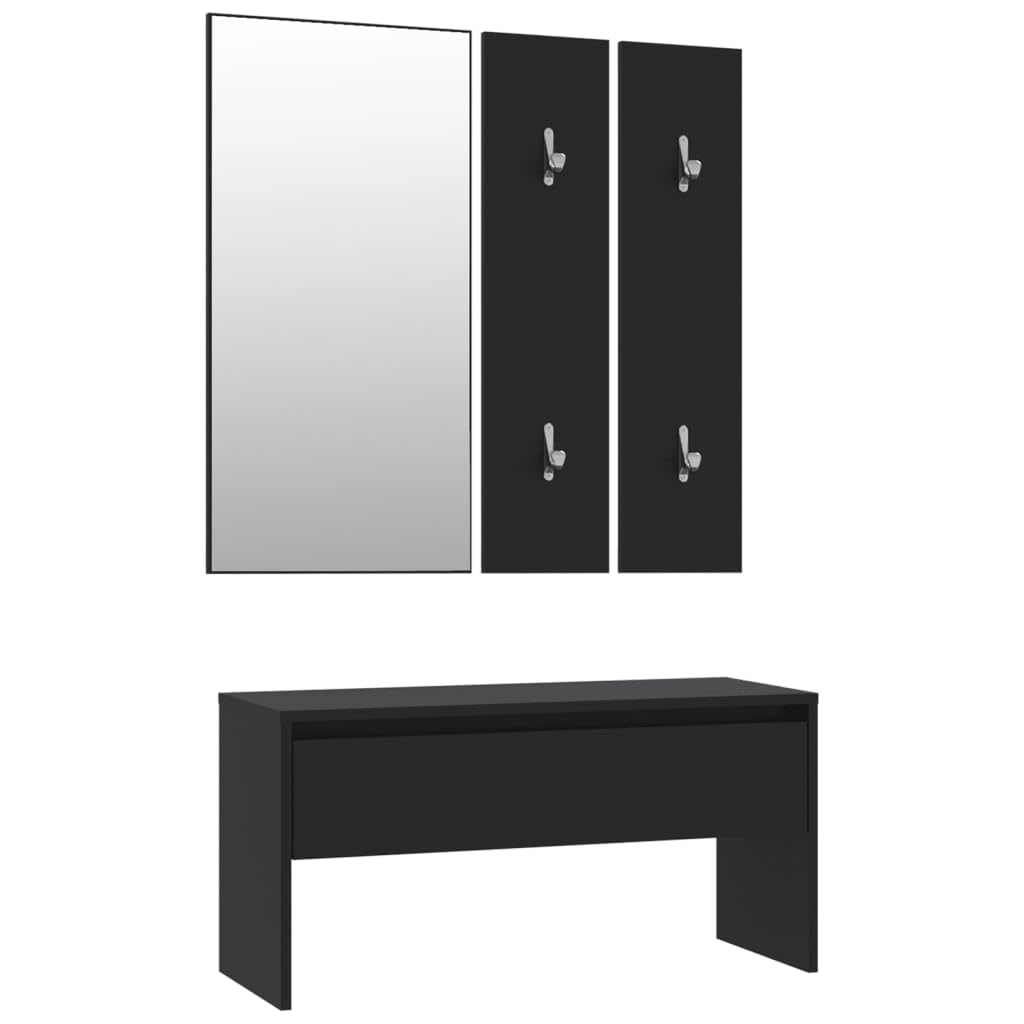 vidaXL Garderobenset, Flurgarderobe mit Flurbank Spiegel, Multifunktional Flurmöbel mit viel Stauraum, Garderobe Wandgarderobe Flurgarnitur, Schwarz Holzwerkstoff