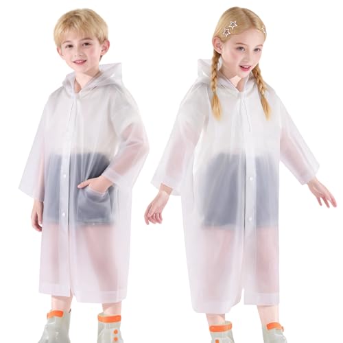 AropaeenGlowry 2pcs Kids Waterproof Rain Poncho with Hood & Sleeves - Reusable EVA Raincoat for Boys Girls Camping & Travel White