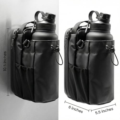 Image of Magnetic Gym Bottle Holder Bag | Strong Magnet Water Bottle Carrier with Storage Pockets & Zippered Compartments | Gym, Fitness & Workout Accessory | Black | Faux Leather