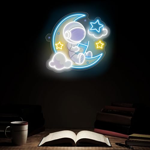 Image of Astronaut Reading Neon Sign Book Artwork Light Reading Corner LED Light | Nursery Room Decor USB Powered Dimmable Gift For Kids Home Wall Decor Room Decoration 15 inchx13.4 inch
