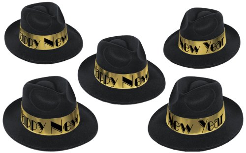 Beistle Swing Gold Fedoras – 25 Black Plastic New Year’s Eve Party Hats with Black and Gold Design, Classic Twenties Style NYE Celebration Accessories for Group Midnight Countdown Events, Adult Size