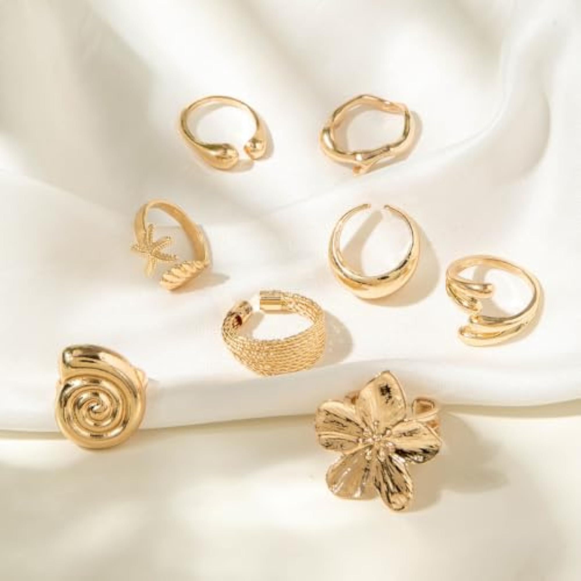 Gold Plated Set of 8 Flower, Shell & Starfish Boho Stackable Rings, Gift