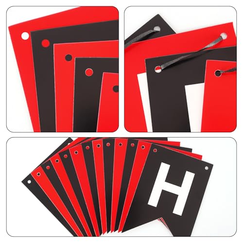 Image of Happy Birthday Banner Sign, Birthday Garland Wall Door Hanging Banners Flag for Women Men Boys Girls Party Backdrop Decorations, Personalized Name Banner White Letters Black and Red