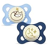 MAM Chupete que Brilla en la Oscuridad, 2-6 Meses, con Tetina Simétrica, Plana y Flexible de Silicona de Fácil Aceptación, con Caja Autoesterilizadora, Original, Azul Mate, Pack de 2uds, Noche