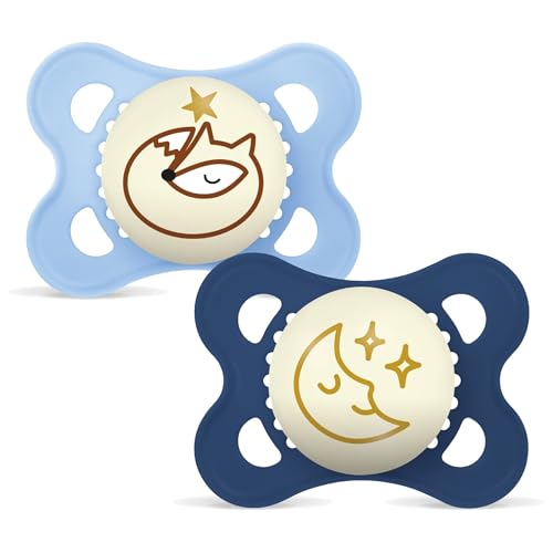 MAM Chupete que Brilla en la Oscuridad, 2-6 Meses, con Tetina Simétrica, Plana y Flexible de Silicona de Fácil Aceptación, con Caja Autoesterilizadora, Original, Azul Mate, Pack de 2uds, Noche MAM Chupete que Brilla en la Oscuridad, 2-6 Meses, con Tetina Simétrica, Plana y Flexible de Silicona de Fácil Aceptación, con Caja Autoesterilizadora, Original, Azul Mate, Pack de 2uds, Noche