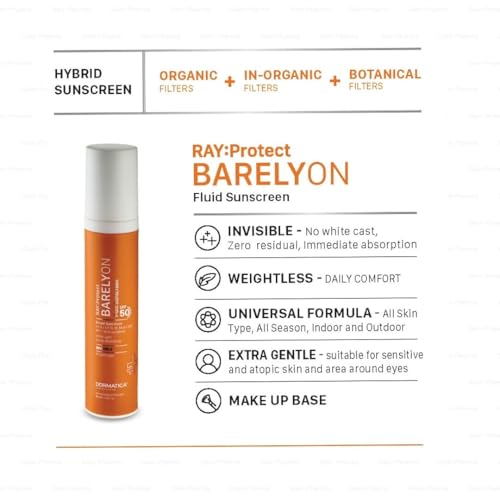 Image of Barelyon Fluid Sunscreen SPF 50 PA+++ for All Seasons by Dermatica. Invisible NO White Cast Broad Spectrum Sun Rays Protection 50 ML