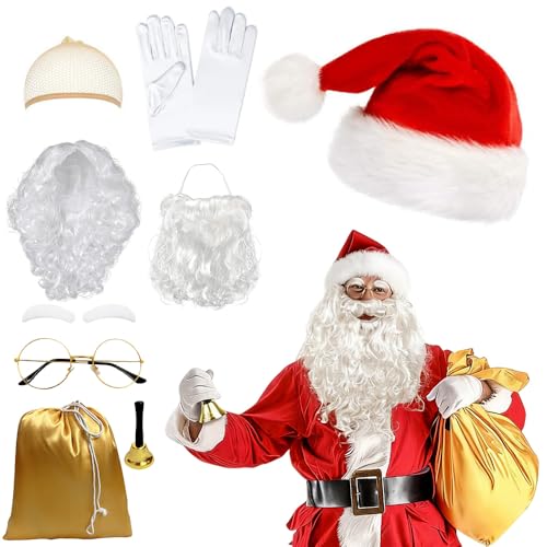 XEERUN 11PCS Santa Claus Costume Accessories, Father Christmas Costume Set for Man Women, Christmas Fancy Dress Adults with Santa Beard, Wig, Hat, Glasses, Gloves, Bells, Bag for Christmas Party