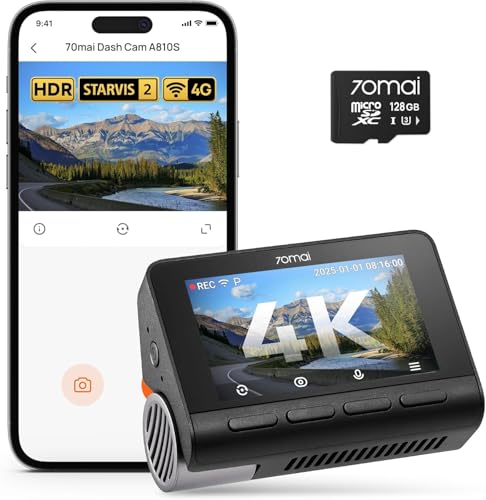 Image of 70mai 4K A810S Dashcam Car Front with STARVIS 2 HDR Night Vision, Car Camera with 128GB Card, 24 /7 Parking Monitoring, AI Sensor, ADAS, App Control, Voice Control, 146 Wide Angle, Optional 4G LTE