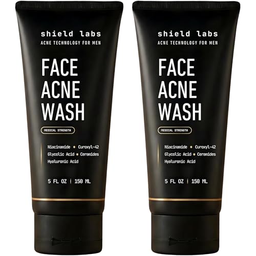 Shield Face Acne Wash for Men and Boys Curoxyl-42 Face Wash to Clear Treat and Prevent Acne Gentle formula with Niacinamide Hyaluronic Acid and Ceramides Unscented 5.1 oz Pack of 2