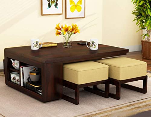 Image of Sheesham Wood Center Table for Living Room /Coffee Table with 4 Stools in Walnut Finish