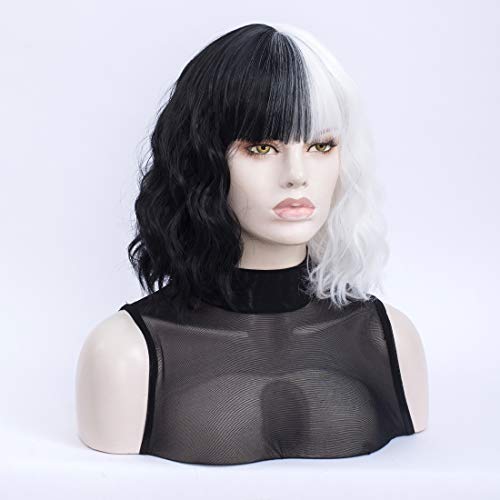 Morticia Short Curly Women Bob Wig Full Bang Wavy Texure Heat Resistant Synthetic Short Women Wig (White and Black) - Image 3