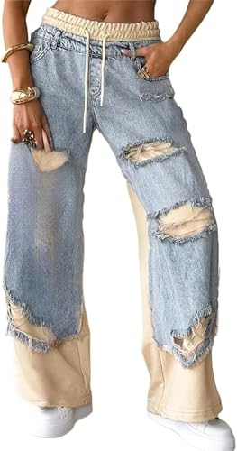 Women's Denim Trousers with Stitching and Ripped Design Summer Drawstring Casual Retro Elastic Waist Wide Leg Patchwork Jeans