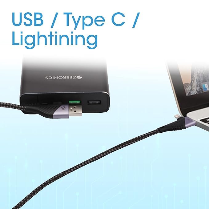 Image of Zebronics UCLC65B 65 Watts PD Fast charging 4 in 1 cable with USB /Type C to Type C /Lightning connector, 1 meter braided cable for smartphones tablets and Laptops