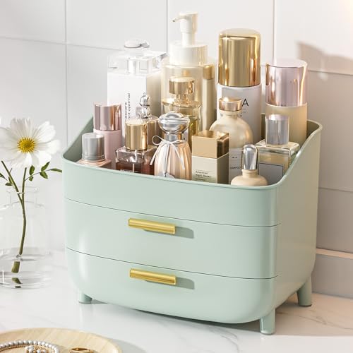 Image of Vtopmart 3-Tier Skincare Makeup Organizer with Drawers, Green | For Vanity and Bathroom Countertop, with Drawers, Large Cosmetic Storage Box Case, , Non-Slip Base