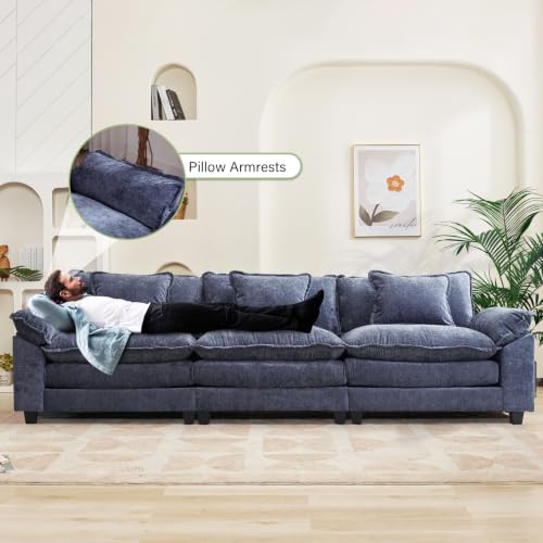 Image of Oprisen 120 inch Modular Sectional Sofa, Comfy 3 Seater Deep Cloud Couch | Couches for Living Room, Modular Couch, Deep and Wide Seat, Chenille Sofa Sleeper with Throw Pillows, Blue