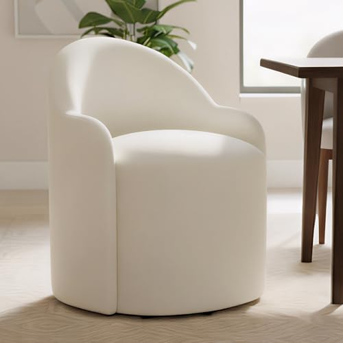 Image of KISLOT Upholstered Dining Chairs with Casters, No Assembly Modern Dining Room Chairs Accent Vanity Chair with 5 Wheels & Round Backrest for Bedroom, Living Room, Dressing, Linen Fabric, Set of 1