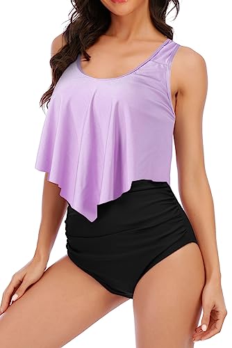 Image of Women High Waisted Bikini Swimsuit Flounce Vintage 2 Piece Bathing Suits | Vintage,tummy control,two piece bathing suits,plus size,swimwear,ruffled,tankini top,bikini bottom