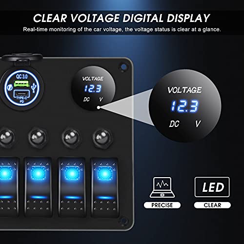 Mking 6 Gang Marine Boat Rocker Switch Panel Waterproof Overload Protector 12-24V Led Digital Voltmeter + Dual Usb (Qc 3.0 & Type-C) + Cigarette Lighter Socket For Boat, Marine, Utv, Truck, Car #TOP2