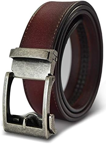 Classic Men's Leather Ratchet Click Belt - Antique Silver Buckle with Brown Rosewood Leather Belt (Trim to Fit: Up to 40'' Waist)